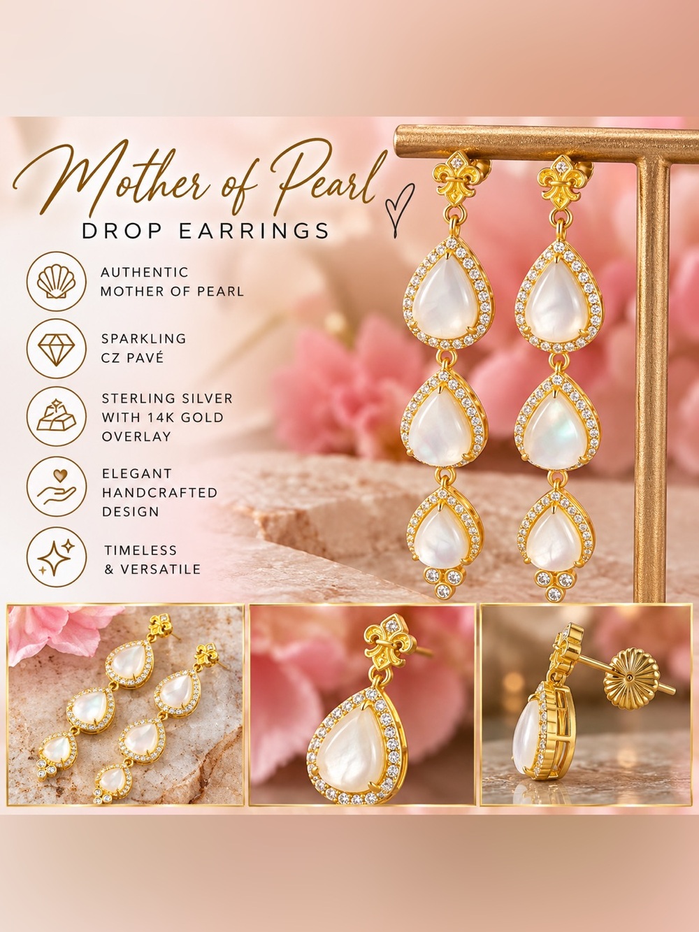 New Gold & Mother of Pearl - Pear Shape Drop Earrings